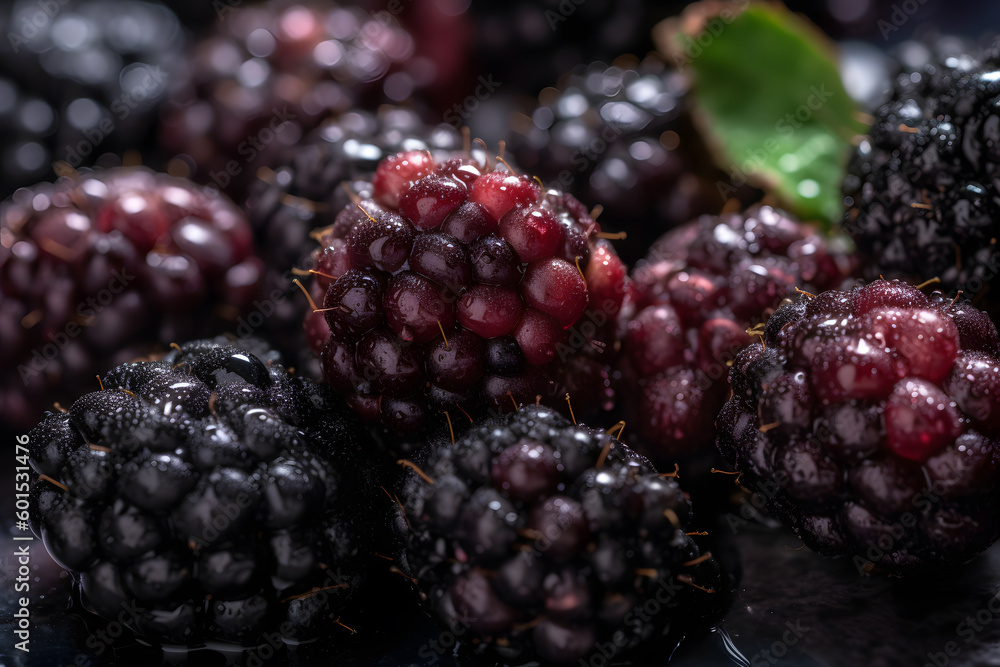 Blackberries close up. Summer, vitamins, healthy food concept. Fresh with water drops. Generative AI Blackberries close up. Summer, vitamins, healthy food concept. Fresh with water drops. Generative AI
