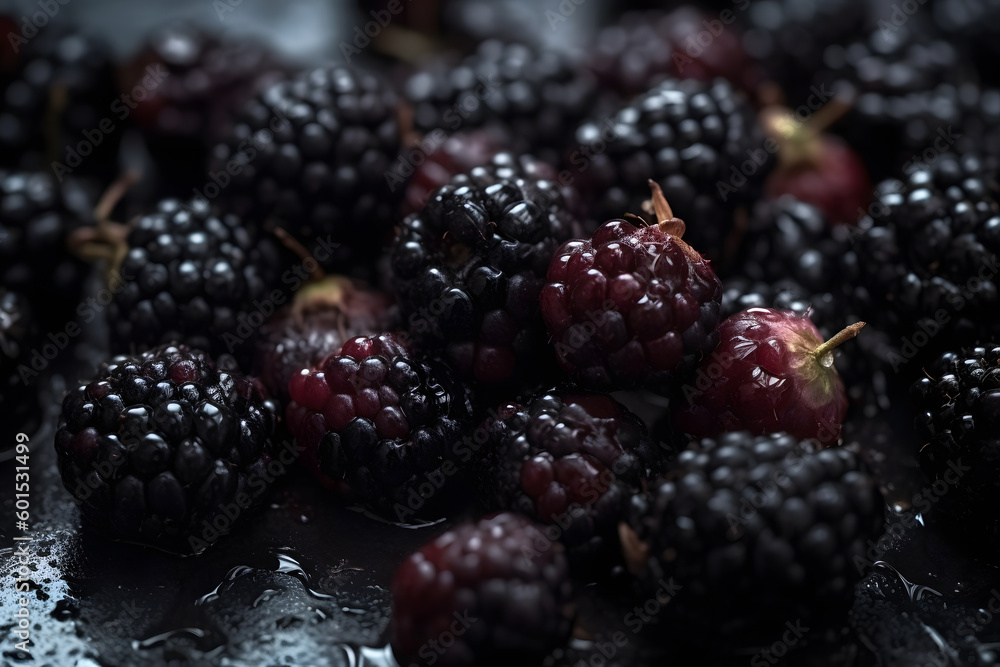 Blackberries close up. Summer, vitamins, healthy food concept. Fresh with water drops. Generative AI Blackberries close up. Summer, vitamins, healthy food concept. Fresh with water drops. Generative AI