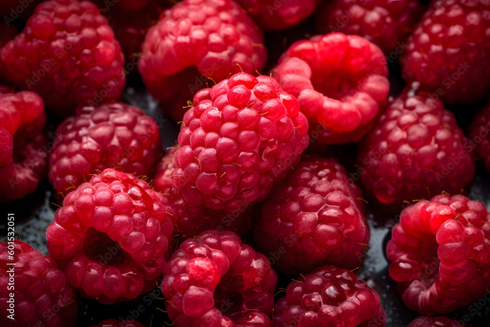 Raspberries close up. Summer, vitamins, healthy food concept. Fresh with water drops. Generative AI Raspberries close up. Summer, vitamins, healthy food concept. Fresh with water drops. Generative AI