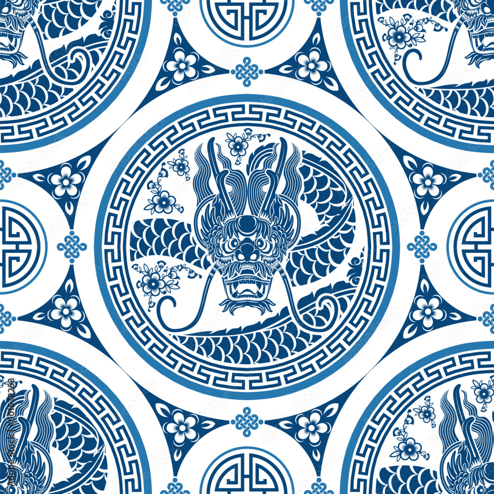 Seamless pattern happy chinese new year 2024 the dragon zodiac sign with asian elements paper cut style on color background. ( Translation : happy new year 2024 year of the dragon )