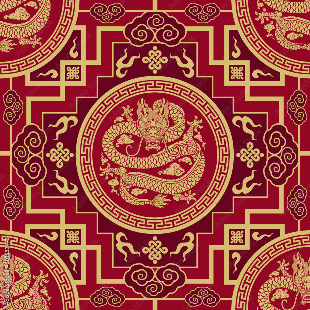 Seamless pattern happy chinese new year 2024 the dragon zodiac sign with asian elements paper cut style on color background. ( Translation : happy new year 2024 year of the dragon )