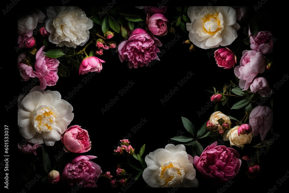 Peonies, roses on black background with copy space. Abstract natural floral frame layout with text space
created using generative AI tools