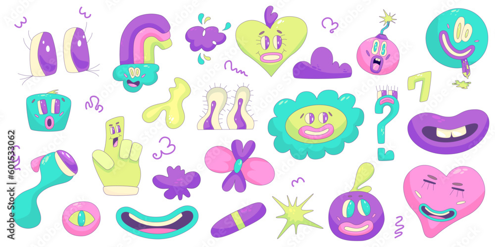 Psychedelic Character Funny set Face smile. Craetive comic trippy character cartoon graphic. Comic funny emotions. Vector illustration