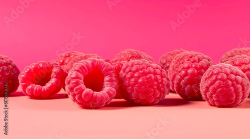Raspberries on pink background. Horizontal background design with copy space. Generative AI.