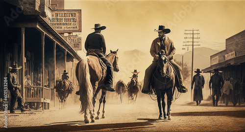 Cowboys pass on the main street of an old west town.