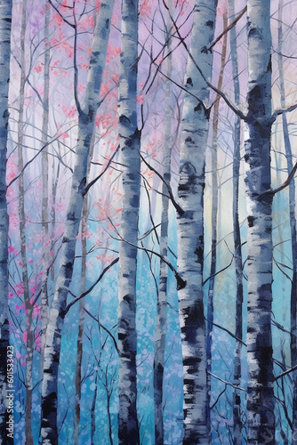 Birch trees in winter fine art print in the style. AI generative