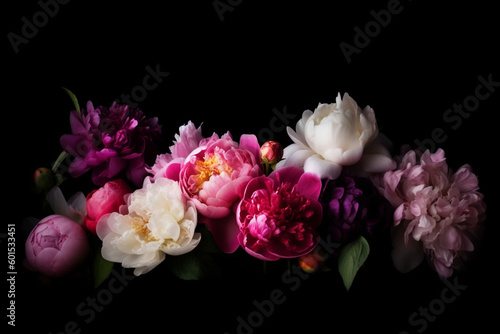 Peonies  roses on black background with copy space. Abstract natural floral frame layout with text space created using generative AI tools