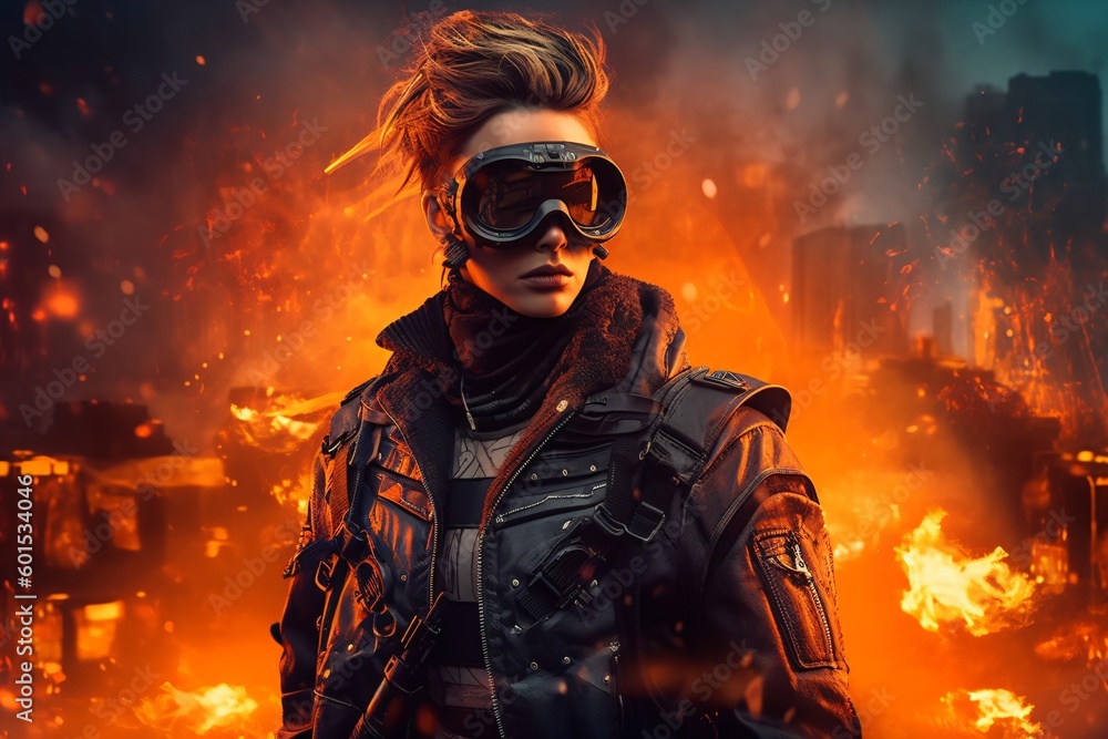 a female cyborg character portrait with sunglasses and a city on fire in the background, fictional person created with generative ai a female cyborg character portrait with sunglasses and a city on fire in the background, fictional person created with generative ai