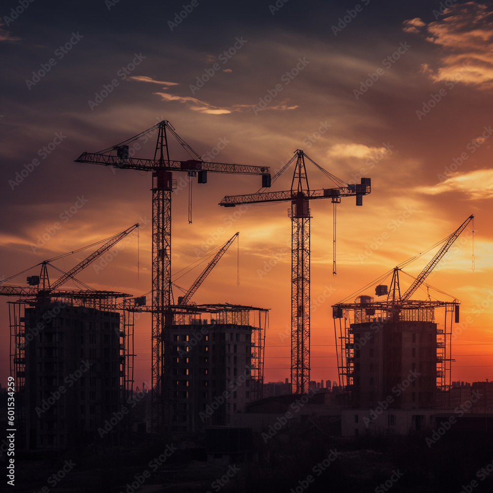 construction cranes on the background of sunset