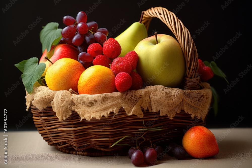 A basket of fruits with a black background