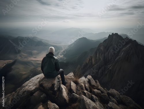 Ein Wanderer, welcher auf einem Berg in das Tal schaut