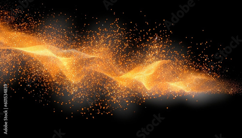 Gold sparks isolated on a black background. High quality. Generative AI