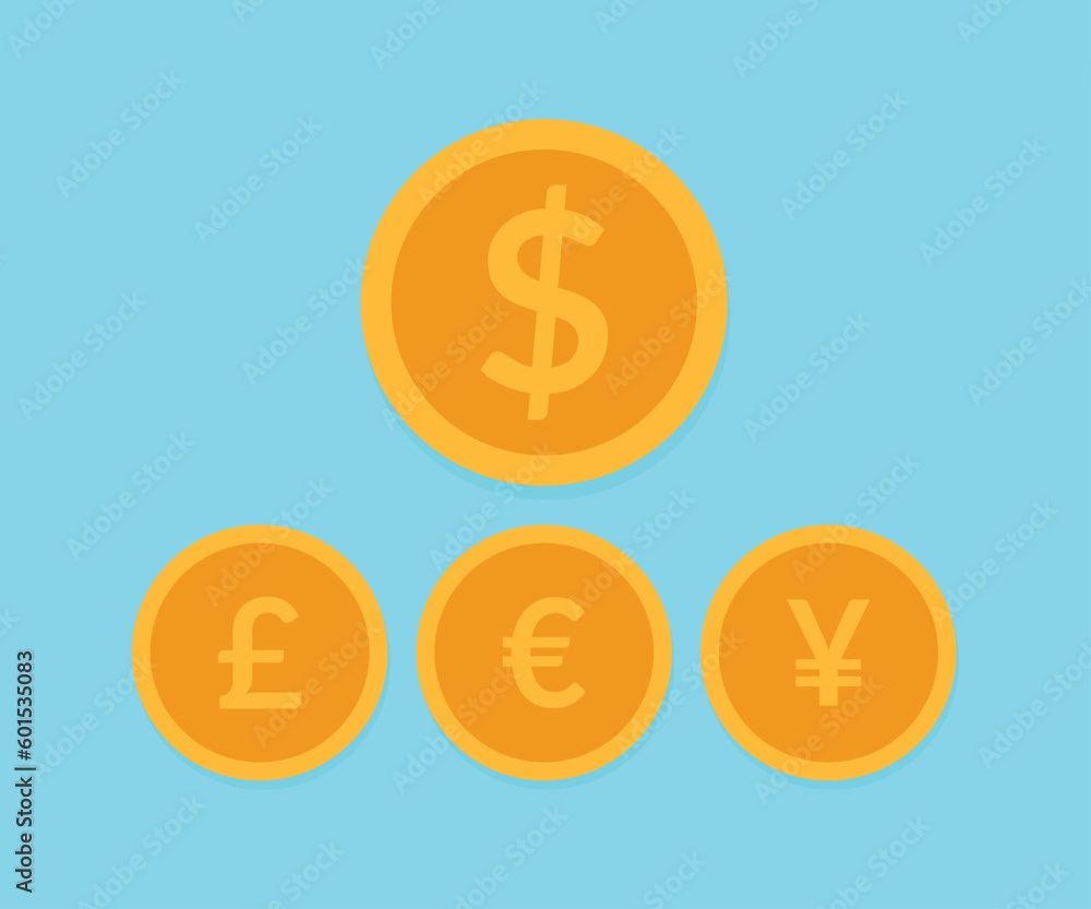Coin of Dollar, Euro, Pound and Yen currency icons. USD, EUR, GBP and JPY money symbols Coin of Dollar, Euro, Pound and Yen currency icons. USD, EUR, GBP and JPY money symbols