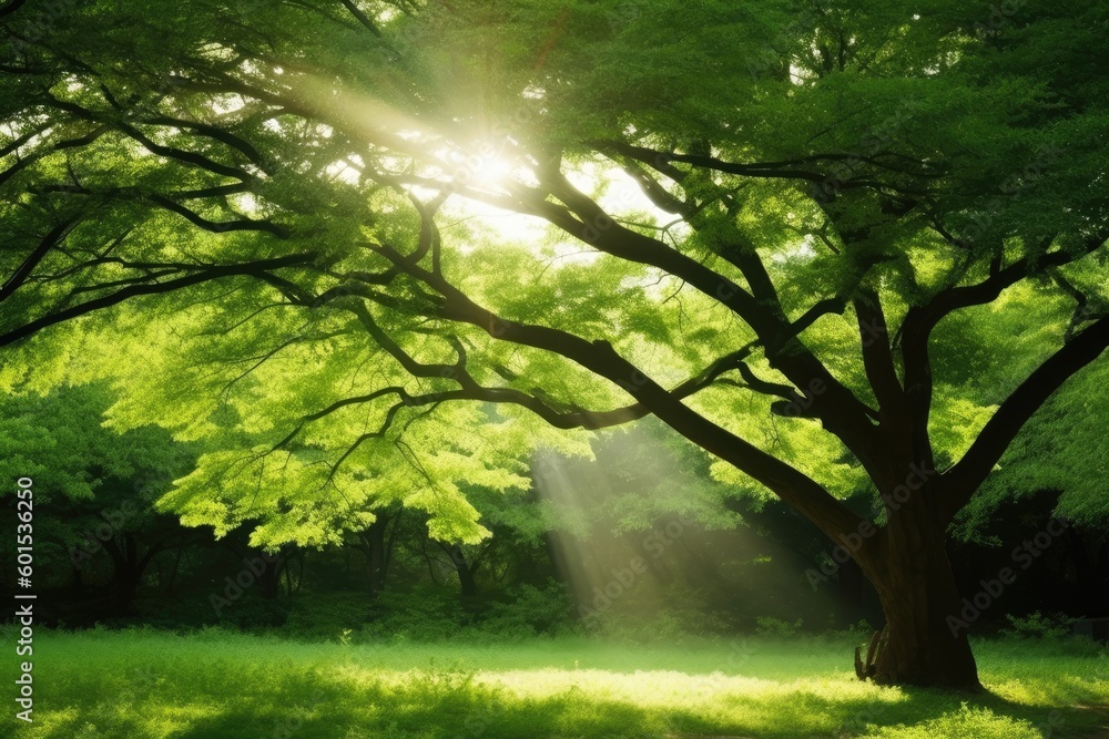 sun rays filtering through the lush green trees in a serene park Generative AI