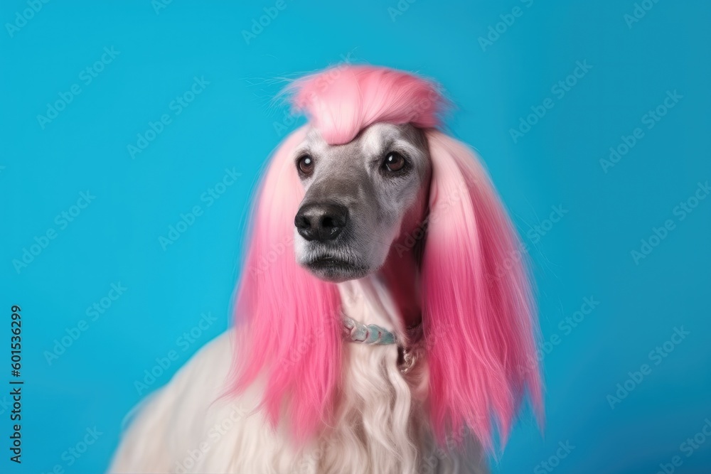 Naklejka premium Afghan Hound with pink fur sitting on turquoise background with free space Generative AI