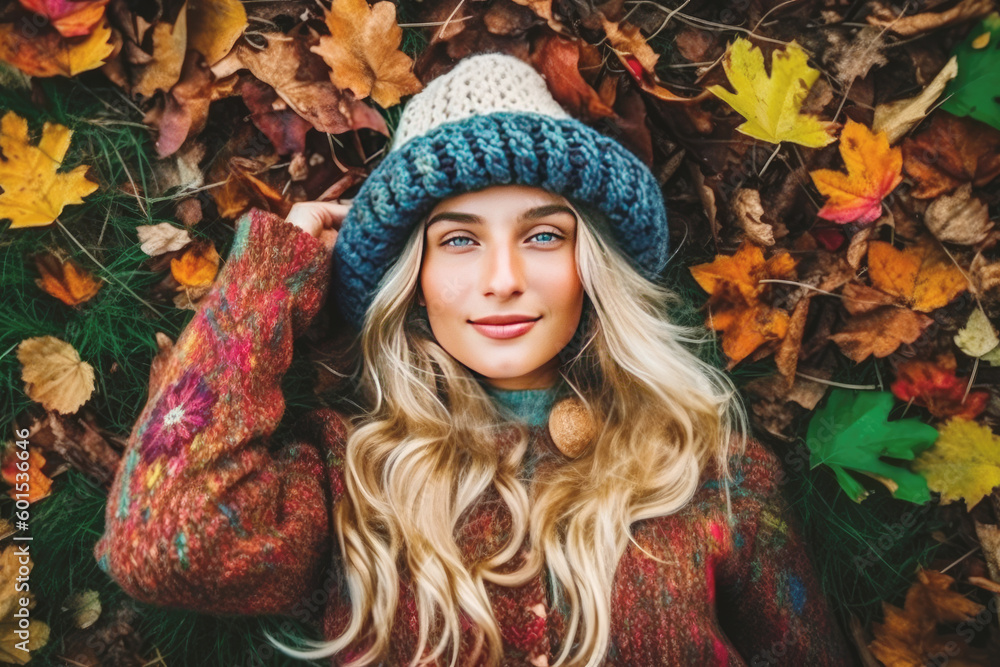 Young beautiful woman with long blonde hair and knitted hat lying down on autumn leaves Young beautiful woman with long blonde hair and knitted hat lying down on autumn leaves