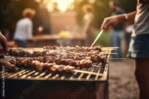 Shish kebab close up, prepared on barbeque with defocused people on a garden Generative AI