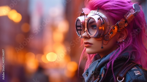 cool and crazy cyberpunk girl with pink hair and steampunk goggles, fictional person created with generative ai