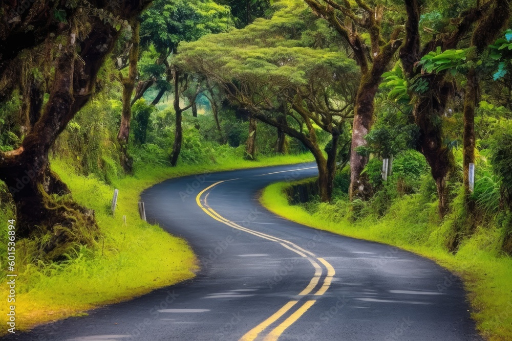 scenic winding road surrounded by trees and grass Generative AI scenic winding road surrounded by trees and grass Generative AI