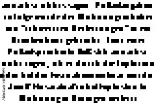Cryptic unreadable pixel Text. Futuristic alien alphabet. Abstract illegible symbols of fictional language. Incomprehensible letters. Asemic writing.