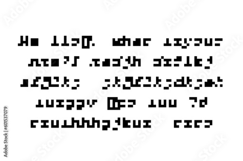 Cryptic unreadable pixel Text. Futuristic alien alphabet. Abstract illegible symbols of fictional language. Incomprehensible letters. Asemic writing.