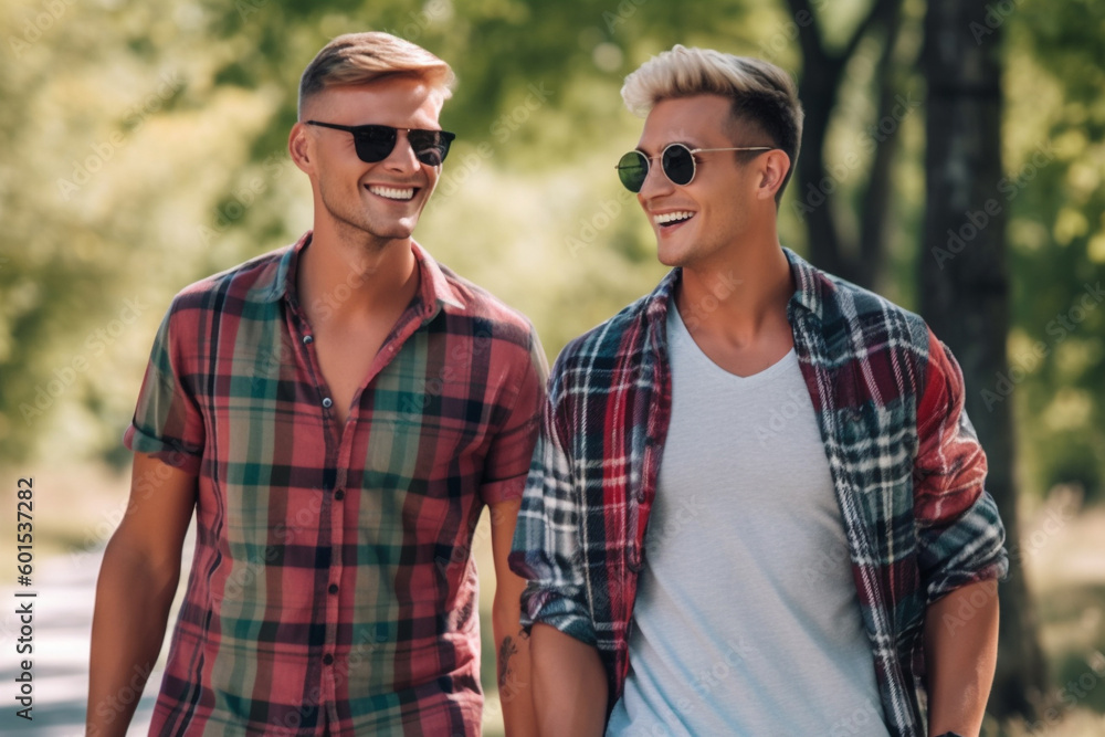 Young gay couple happiness outdoors in the park, modern family relationship love and lifestyle, generative AI person Young gay couple happiness outdoors in the park, modern family relationship love and lifestyle, generative AI person