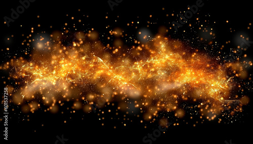 Gold sparks isolated on a black background. High quality. Generative AI