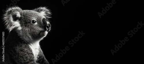 Black and white photorealistic studio portrait of a Koala on black background. Generative AI illustration
