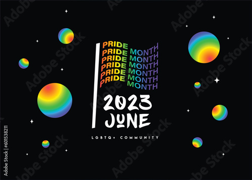 typography text and rainbow flag on dark background vector design for Pride month 