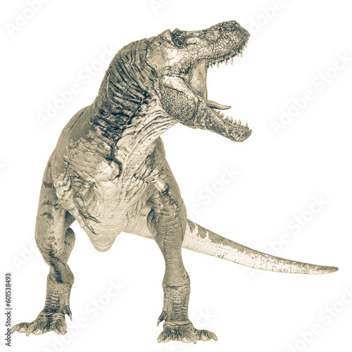 t-rex on blood is looking around in white background