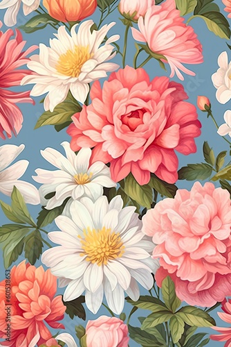 pink and white flowers on blue background, floral wallpaper