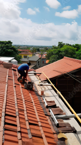 The master repairs the roof tiles of the house. Roofing, repair and renovation work. Generative AI
