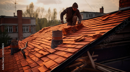 The master repairs the roof tiles of the house. Roofing  repair and renovation work. Generative AI