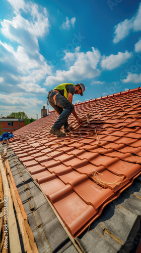 The master repairs the roof tiles of the house. Roofing, repair and renovation work. Generative AI
