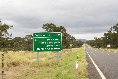 Directional road sign for Burton Downs Coal Mine, Moranbah and North Goonyella mine in the Bowen Basin in Central Queensland, Australia