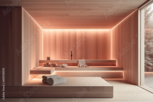 Wooden spa, wood modern minimalist design, generative ai illustration