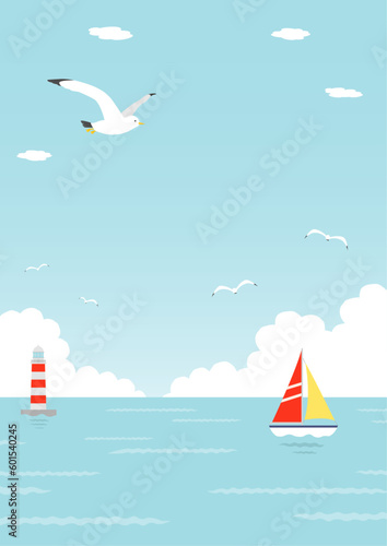 飛ぶカモメやヨットが浮かぶ海の背景イラスト_1_縦
