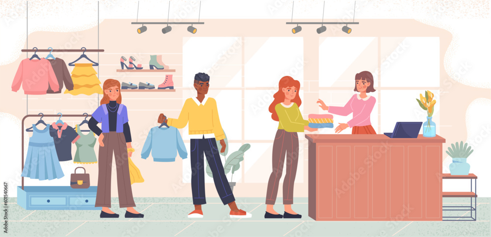 People in clothing store. Men and women near cash register with goods. Buyers and seller, shopping. Hangers with sweaters, dresses and Tshirts. Fashion and trend. Cartoon flat vector illustration People in clothing store. Men and women near cash register with goods. Buyers and seller, shopping. Hangers with sweaters, dresses and Tshirts. Fashion and trend. Cartoon flat vector illustration
