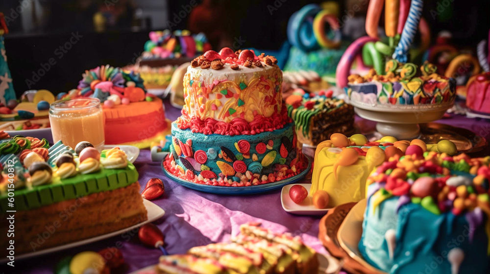 Generative AI image of a table full of cakes and pastries