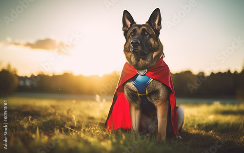 Fototapeta Generative AI image of a german shepherd dressed as a super hero