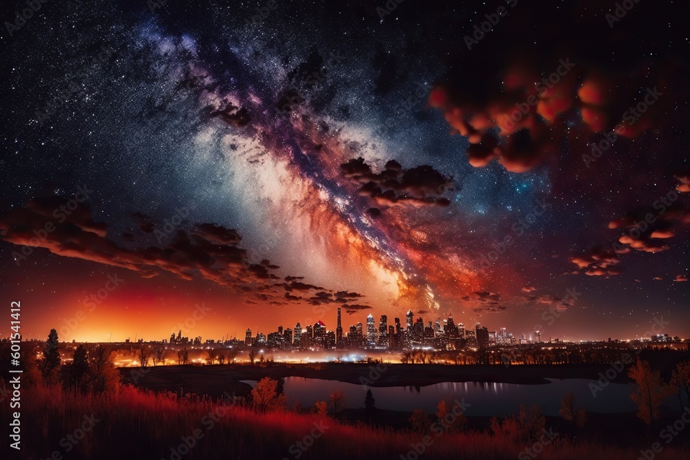 Spectacular night starry sky over a big city, imaginative illustrated background. AI generated.