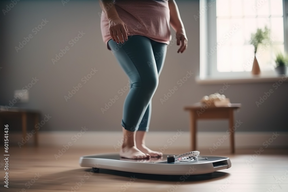 On a home scale an overweight woman weighs herself. Ai generated. - obrazy, fototapety, plakaty 