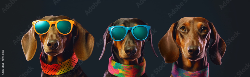 Generative Ai image of dachshunds wearing colorful sunglasses