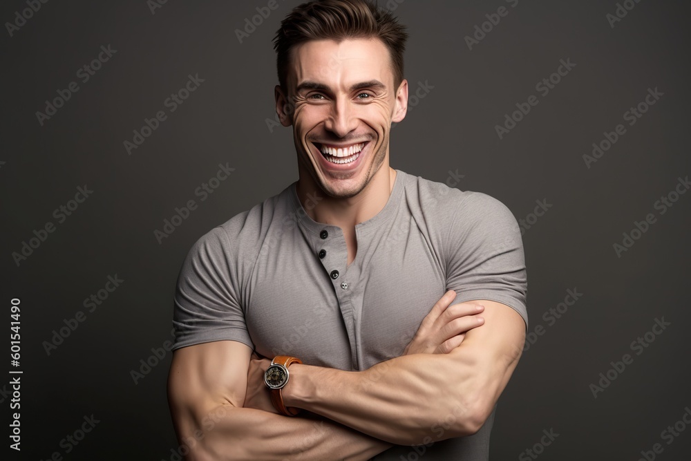 Attractive young man smiles at camera with arms crossed, isolated in studio. AI generated. Attractive young man smiles at camera with arms crossed, isolated in studio. AI generated.