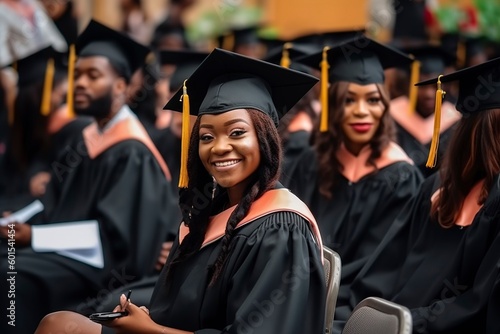 Happy black woman on her graduation day, sitting with her colleagues. Ai generated.