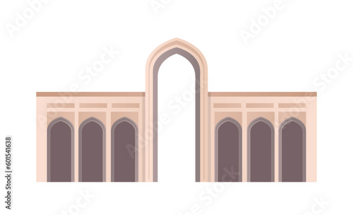 Traditional Oman building. Oriental architecture and historical object. Brown arch for entrance. Poster or banner for website. History and culture. Cartoon flat vector illustration