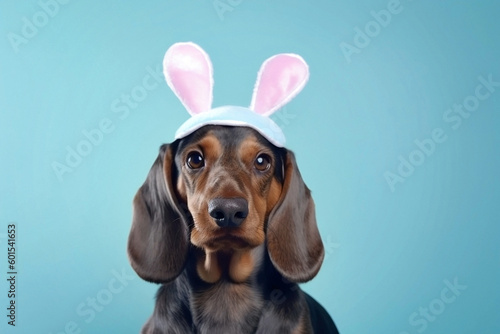 Generative Ai image of a dachshund wearing easter bunny ears