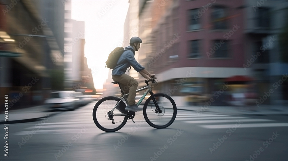 Generative Ai image of a person riding a bicycle in an urban city