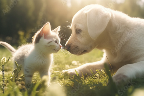 Generative AI image of a cute puppy and kitten in a field.
