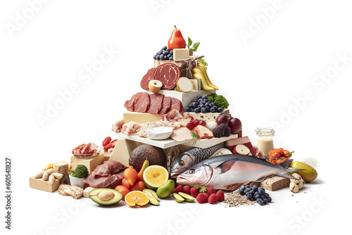 Generative Ai image of a food pyramid with meat, dairy and plants